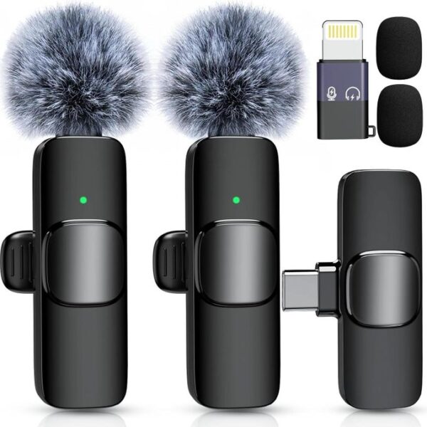 SIKITUT Wireless Lavalier Microphone for iPhone Android, 2 Mini Lapel Microphones with Hair-ball Cover