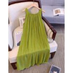 Sleeveless Neck Pleated Loose A-Line Dress- Lime Green