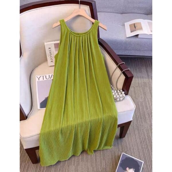 Sleeveless Neck Pleated Loose A-Line Dress- Lime Green