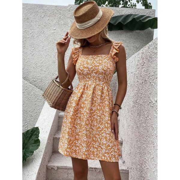 Square Neck Floral Dress - Yellow