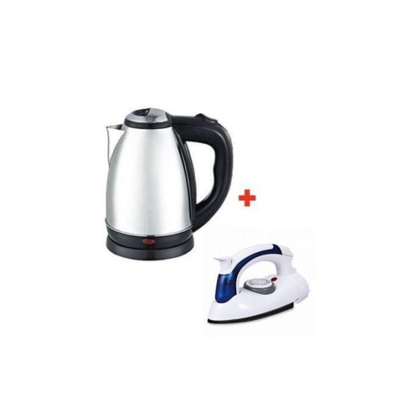 Stainless Steel Electric Kettle - 2 Litres - Silver/Black + Free Steam Iron
