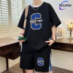 TOUPHY T-shirts 100% Cotton Short Sleeve Shorts Suit-Black