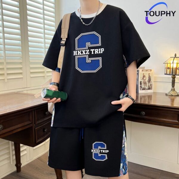TOUPHY T-shirts 100% Cotton Short Sleeve Shorts Suit-Black