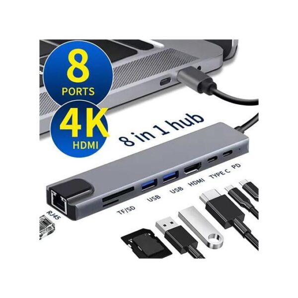 USB C Hub 8 In 1 Type C 3.1 To 4K HDMI Adapter With RJ45 SD/TF Card Reader PD Fast Charge For MacBook Notebook Laptop Computer