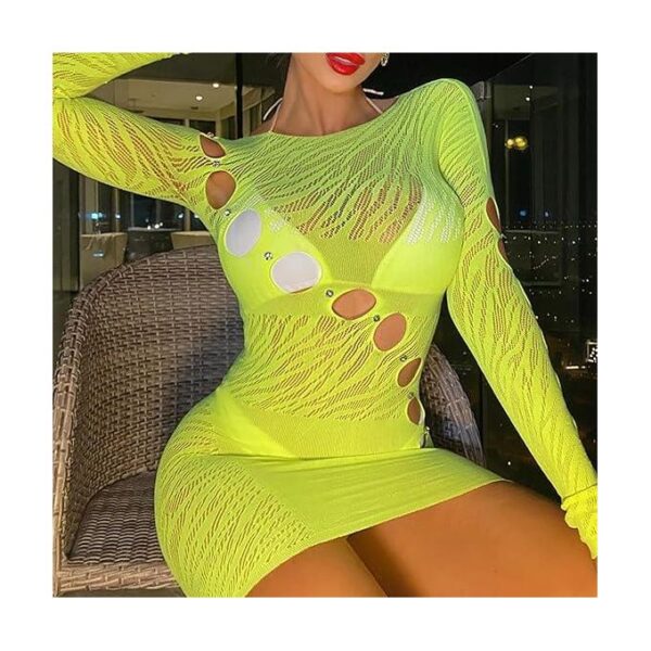 Women Bodycon Mesh Dress - Longsleeves - Green