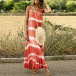 Women's Sexy Slip Midi Dress Adjustable V-Neck Striped Flared Bottom Beach Dresses Orange Lightweight Loose Casual Dress For Lady