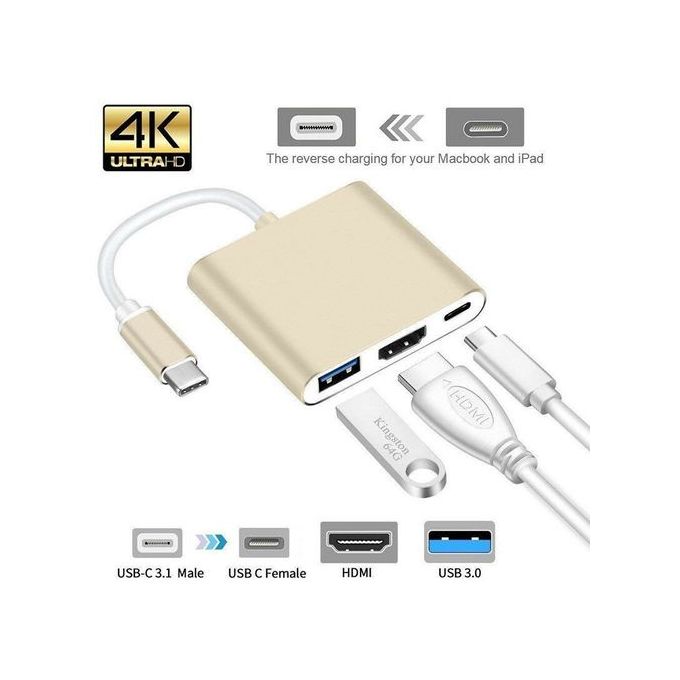3 In 1 Type C USB 3.1 To USB-C 4K HDMI USB 3.0 Adapter Hub - Gold 3 In 1 Type C USB 3.1 To USB-C 4K HDMI USB 3.0 Adapter Hub - Gold