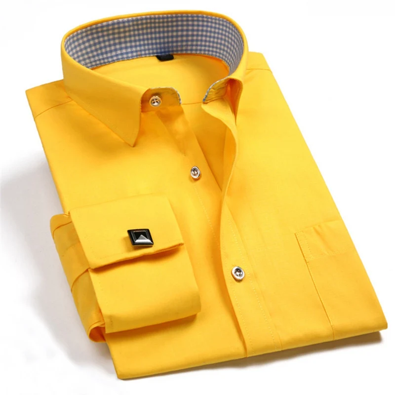 Fashion-Mens-French-Cufflinks-Dress-Shirts-Long-Sleeve-Yellow-White-Blue-Social-Business-Regular-Fit-Wedding.webp Fashion Mens French Cufflinks Dress Shirts Long Sleeve Y - Image 1