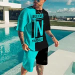 Men's Summer Tracksuit Believe in Yourself T-shirt Shorts Set Sports Outfit - Image 2