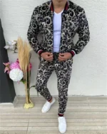 Slim fashion men's suit patterned street wear casual men's zipper jacket top and trousers - Image 6