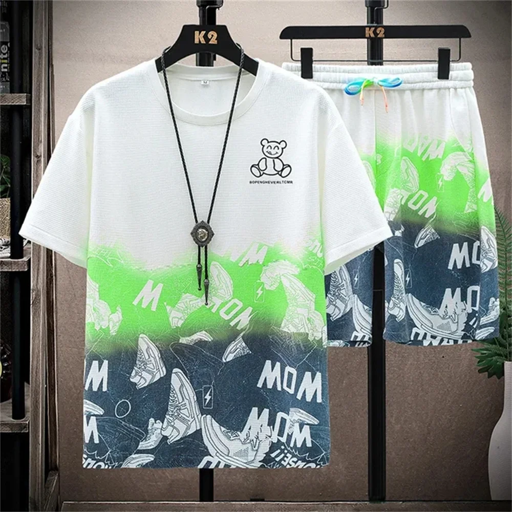 Summer-Mens-O-Neck-Casual-Y2k-Tracksuit-T-Shirt-Shorts-Suit-Patchwork-Shorts-Sets-Loose-Jogger.webp Summer Mens O-Neck Casual Y2k Tracksuit T-Shirt Shorts Suit Patchwork Shorts Sets - Image 1