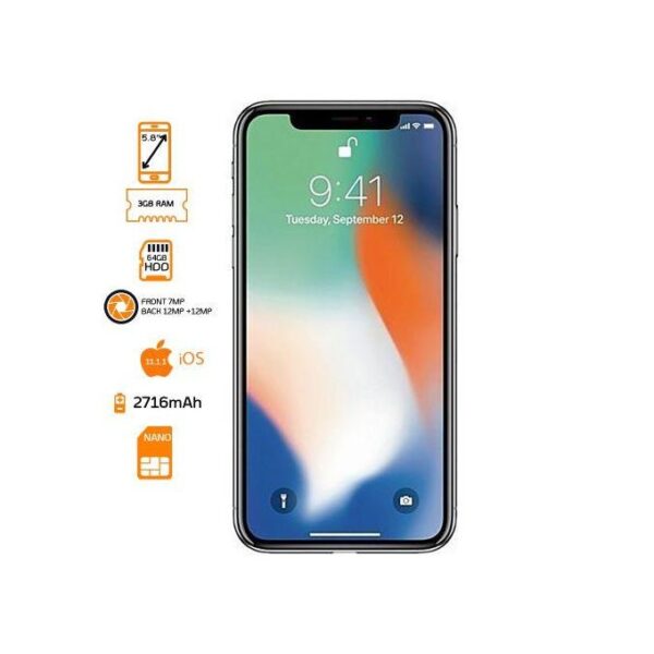 Apple iPhone X - 64GB HDD - 3GB RAM - 12MP Rear/7MP Front - Silver