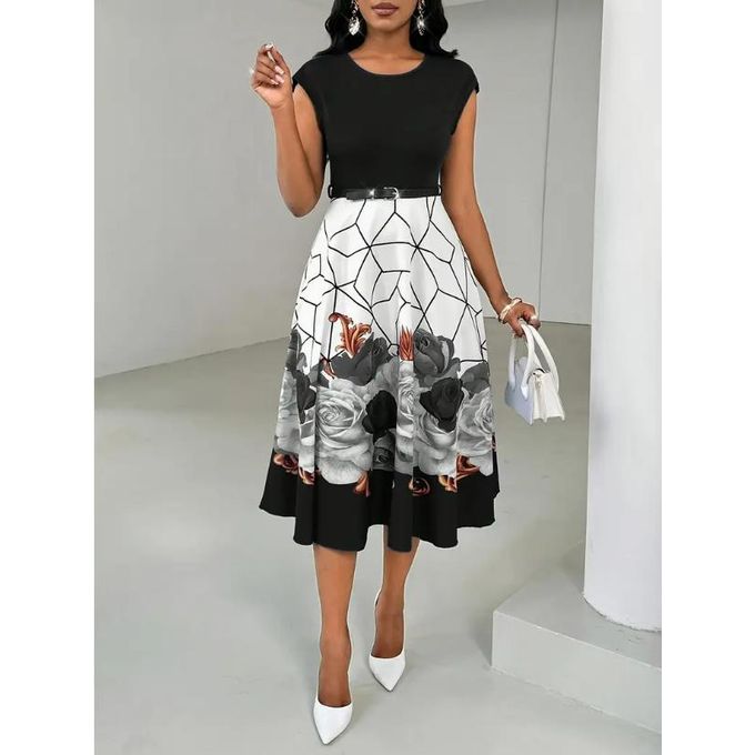 CALLIARA Vintage Rose Printed Patchwork Dress Waist-Slimming Flared Skirt Elegant Commute & Banquet Versatile Outfit for Women CALLIARA Vintage Rose Printed Patchwork Dress Waist-Slimming Flared Skirt Elegant Commute & Banquet Versatile Outfit for Women