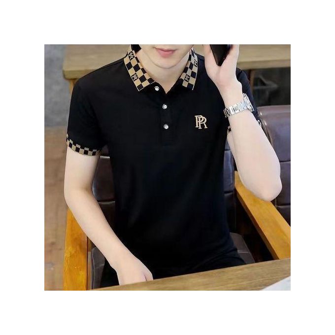 Dou-color Men's Casual Embroidered Polos T-shirt - Black Dou-color Men's Casual Embroidered Polos T-shirt - Black