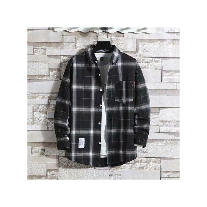 Dou-color Men's Long Sleeved Checkered Shirt With Enlarged Size - Black Dou-color Men's Long Sleeved Checkered Shirt With Enlarged Size - Black