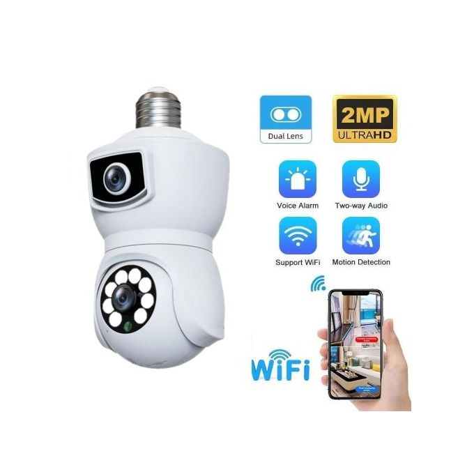 Dual Lens Camera 2MP/WiFi/360° Rotating Lamp Head Socket Inteligent Night Vision Dual Lens Camera 2MP/WiFi/360° Rotating Lamp Head Socket Inteligent Night Vision