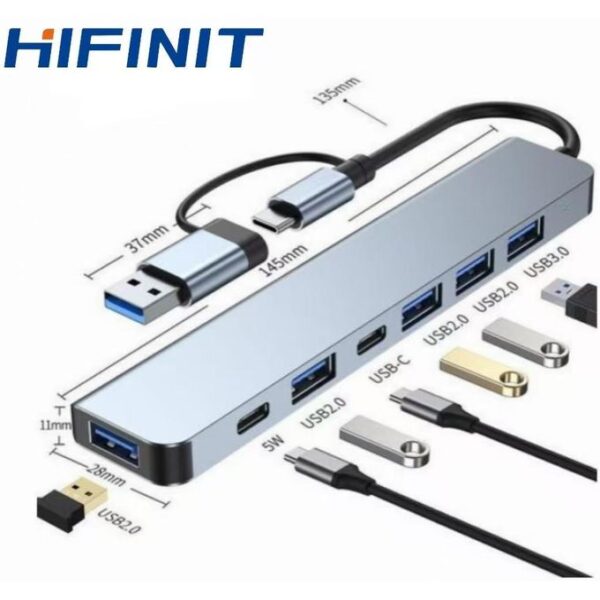 Hifinit Type-C To USB Hub 8-in-1 Docking Station With USB 3.0/USB2.0 Ports