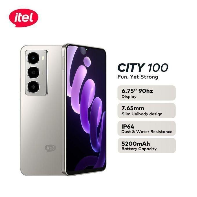 Itel City 100 - 128GB ROM + 4GB+8GB RAM - 12MP Rear/8MP Front - 5200 mAh - Pure Titanium Itel City 100 - 128GB ROM + 4GB+8GB RAM - 12MP Rear/8MP Front - 5200 mAh - Pure Titanium