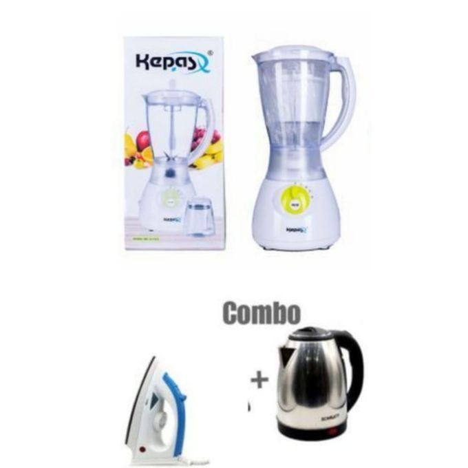 Kepas 1.5L - 8000W - Electric Unbreakable Blender with Grinder - White + Free Kettle & Iron Kepas 1.5L - 8000W - Electric Unbreakable Blender with Grinder - White + Free Kettle & Iron