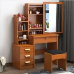 Dressing Table Set With Stool Wood Makeup Desk Vanity With Round Mirror Desk and Cushioned Stool Set - Image 5
