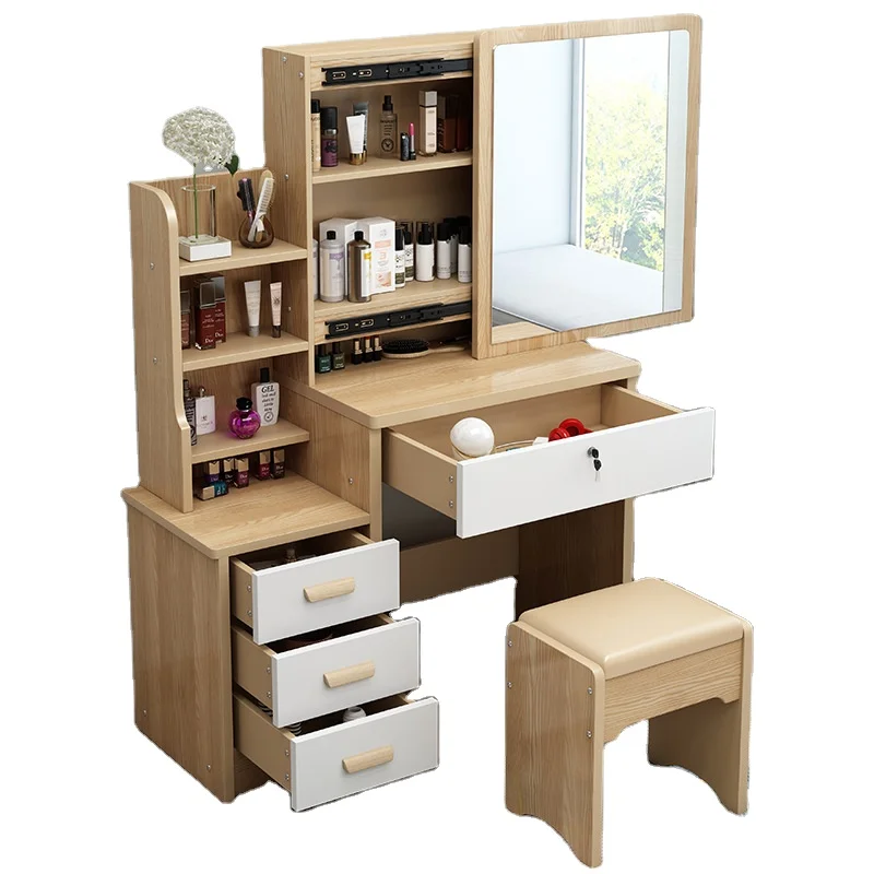 kf-S863363aa2af34b609cd92154671f1cf76.webp Dressing Table Set With Stool Wood Makeup Desk Vanity With Round Mirror Desk and Cushioned Stool Set - Image 1