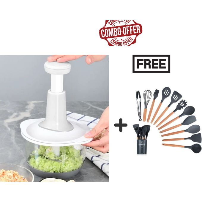Manual Hand Held Vegetable Cutter Meat Grinder + Free 12 Pcs Silicone Non-Stick Cooking Kitchen Utensils Manual Hand Held Vegetable Cutter Meat Grinder + Free 12 Pcs Silicone Non-Stick Cooking Kitchen Utensils
