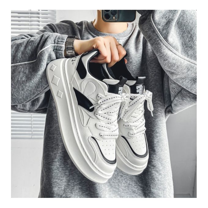 Men's Sneakers Casual Board Shoes Thick Bottom Lace Up Shoes - White / Black Men's Sneakers Casual Board Shoes Thick Bottom Lace Up Shoes - White / Black