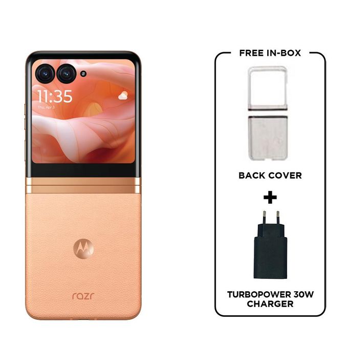 Motorola Razr 40 Ultra - 6.9" - 8GB RAM - 256GB HDD - 12MP rear/ 32MP front - 3800mAh - Peach Fuzz + Free Phone Cover & Charger Motorola Razr 40 Ultra - 6.9" - 8GB RAM - 256GB HDD - 12MP rear/ 32MP front - 3800mAh - Peach Fuzz + Free Phone Cover & Charger