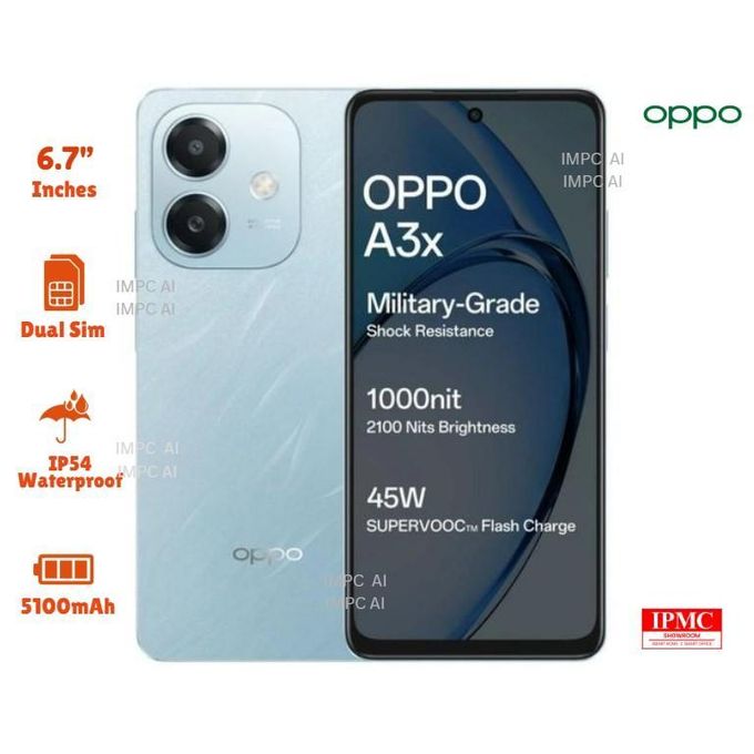Oppo A3X Dual Sim - 6.67" HD+ Panda Glass - 8MP Camera Rear/ 5MP Front - 64GB ROM - 4GB RAM - 5100mAh - IP54 Dust & Water Resistant - Ocean Blue 36 Month Warranty + FREE headset Oppo A3X Dual Sim - 6.67" HD+ Panda Glass - 8MP Camera Rear/ 5MP Front - 64GB ROM - 4GB RAM - 5100mAh - IP54 Dust & Water Resistant - Ocean Blue 36 Month Warranty + FREE headset