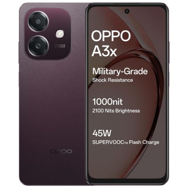 Oppo A3X Dual SIM – 6.67" HD+ Panda Glass – 8MP Rear / 5MP Front Camera – 64GB ROM – 4GB RAM – 5100mAh Battery – IP54 Dust & Water Resistant – Nebula Red 36-Month Warranty +...