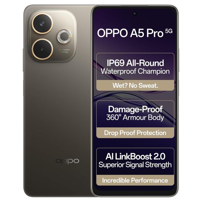 Oppo A5 Pro Dual SIM – 6.67" HD+ Gorilla Glass 7i – 50MP Rear / 8MP Front Camera – 256GB ROM – 8GB RAM – 5800mAh Battery – IP69 Dust & Water Resistant – Mocha Brown + 36-Month... Oppo A5 Pro Dual SIM – 6.67" HD+ Gorilla Glass 7i – 50MP Rear / 8MP Front Camera – 256GB ROM – 8GB RAM – 5800mAh Battery – IP69 Dust & Water Resistant – Mocha Brown + 36-Month...