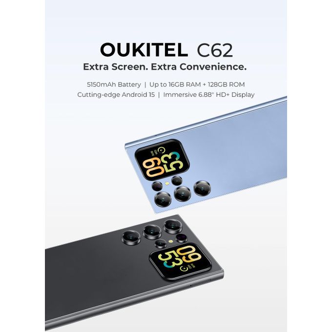 Oukitel C62 Dual Screen Smartphone 16GB RAM/128GB ROM 5150mAh Long Battery Android 15 6.88" 90Hz + 1.81" Screen, Dual SIM, 13MP Cam Phone - Budget King for Africa Oukitel C62 Dual Screen Smartphone 16GB RAM/128GB ROM 5150mAh Long Battery Android 15 6.88" 90Hz + 1.81" Screen, Dual SIM, 13MP Cam Phone - Budget King for Africa