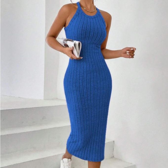 Round Neck Sleeveless Halter Knitted Dress--Blue Round Neck Sleeveless Halter Knitted Dress--Blue