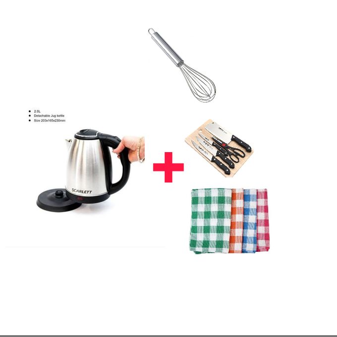 Scarlett Electric Kettle - 2 Litres - Silver + Knife Set,Napkin & Egg Mixer Scarlett Electric Kettle - 2 Litres - Silver + Knife Set,Napkin & Egg Mixer