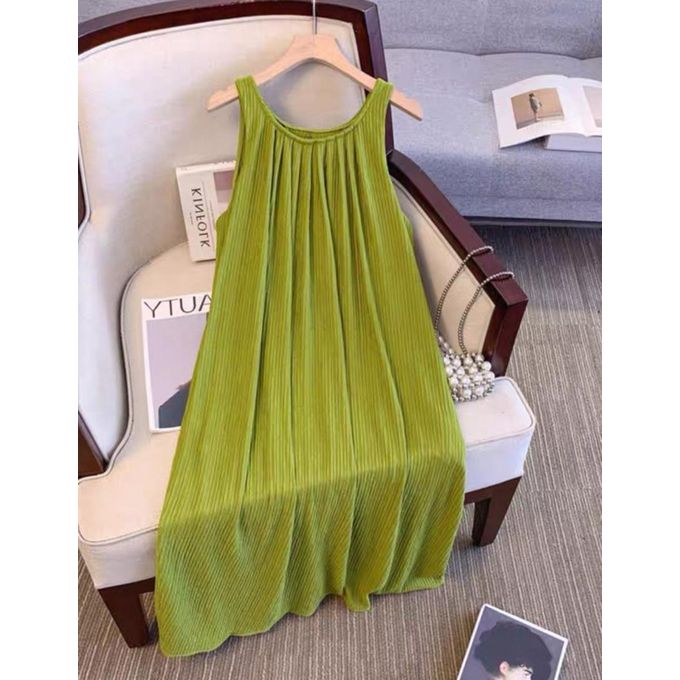 Sleeveless Neck Pleated Loose A-Line Dress- Lime Green Sleeveless Neck Pleated Loose A-Line Dress- Lime Green