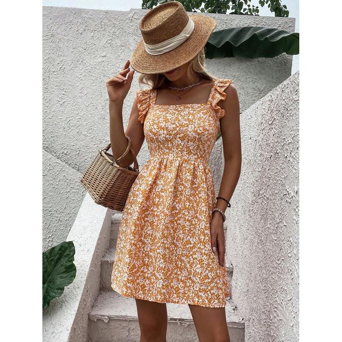 Square Neck Floral Dress - Yellow Square Neck Floral Dress - Yellow