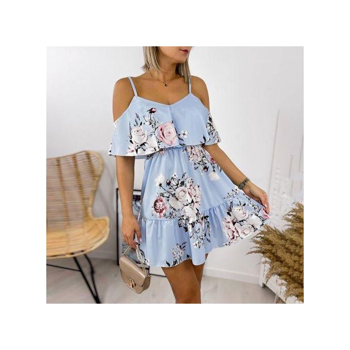 Style Women Elegant Floral Print V-neck-Blue Style Women Elegant Floral Print V-neck-Blue