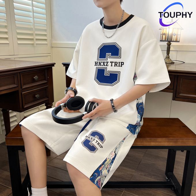 TOUPHY 2 Pcs T-shirts 100% Cotton Short Sleeve Shorts Suit - White/Black TOUPHY 2 Pcs T-shirts 100% Cotton Short Sleeve Shorts Suit - White/Black