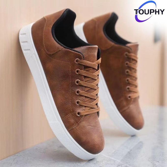 TOUPHY Leather Sneakers for Men - Classic Low Top Casual Board Shoes - Brown TOUPHY Leather Sneakers for Men - Classic Low Top Casual Board Shoes - Brown